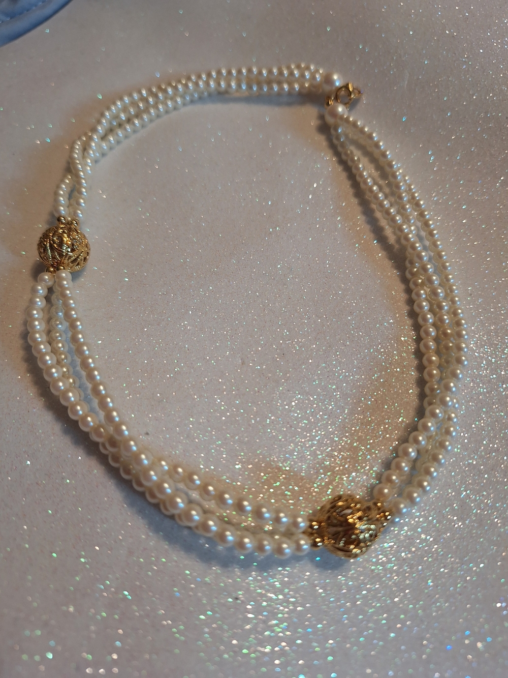 Trifari Classic Three-Strand Pearl Necklace with Gold Accents